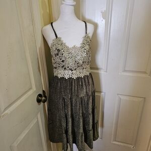 white birch Metallic Green Gold Dress with Lace Bodice